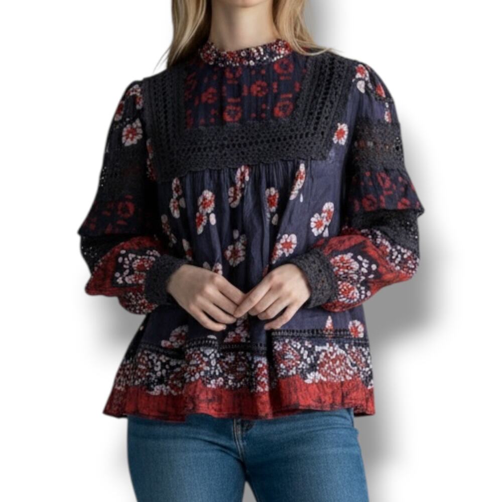 Sea New York Size S M Eloise Floral Ruffle Neck 100% Cotton Short Sleeve Blouse